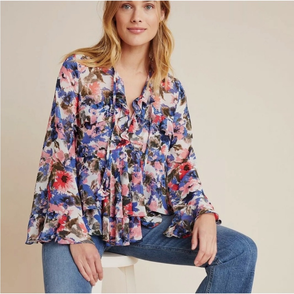 MISA Damaris Blossom Ruffled Floral Blouse Women’s Sz M